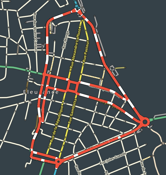 Plan de Circulation à Fleurance : fermeture des routes (en rouge)  - Enlarge picture (modal window)