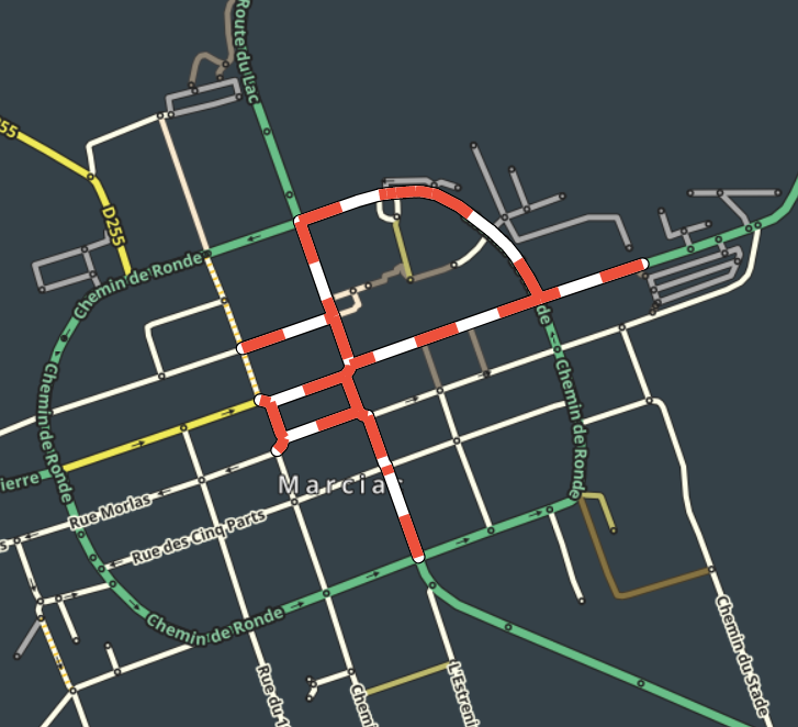 Plan de Circulation à Marciac : fermeture des routes (en rouge) de 9h à 19h