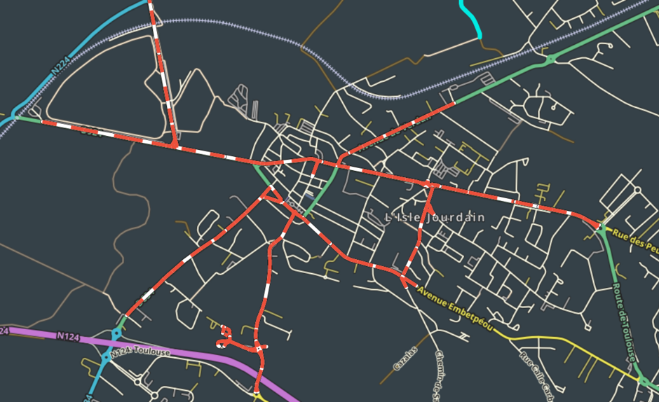 Plan de Circulation à L'Isle-Jourdain : fermeture des routes (en rouge) de 8h30 à 10h30 - Enlarge picture (modal window)